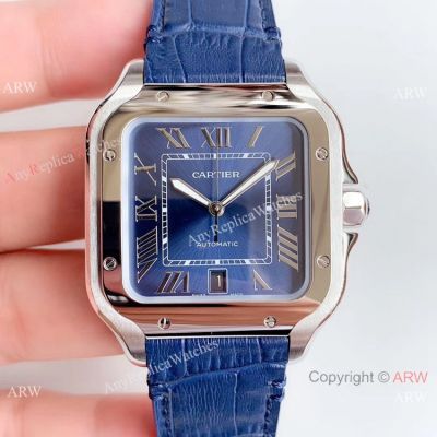 Swiss Grade Replica Cartier Santos 9015 Blue Dial Blue Leather Strap Automatic Watch